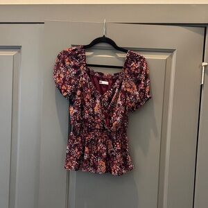 SO Burgundy Floral Puff Sleeve Blouse
